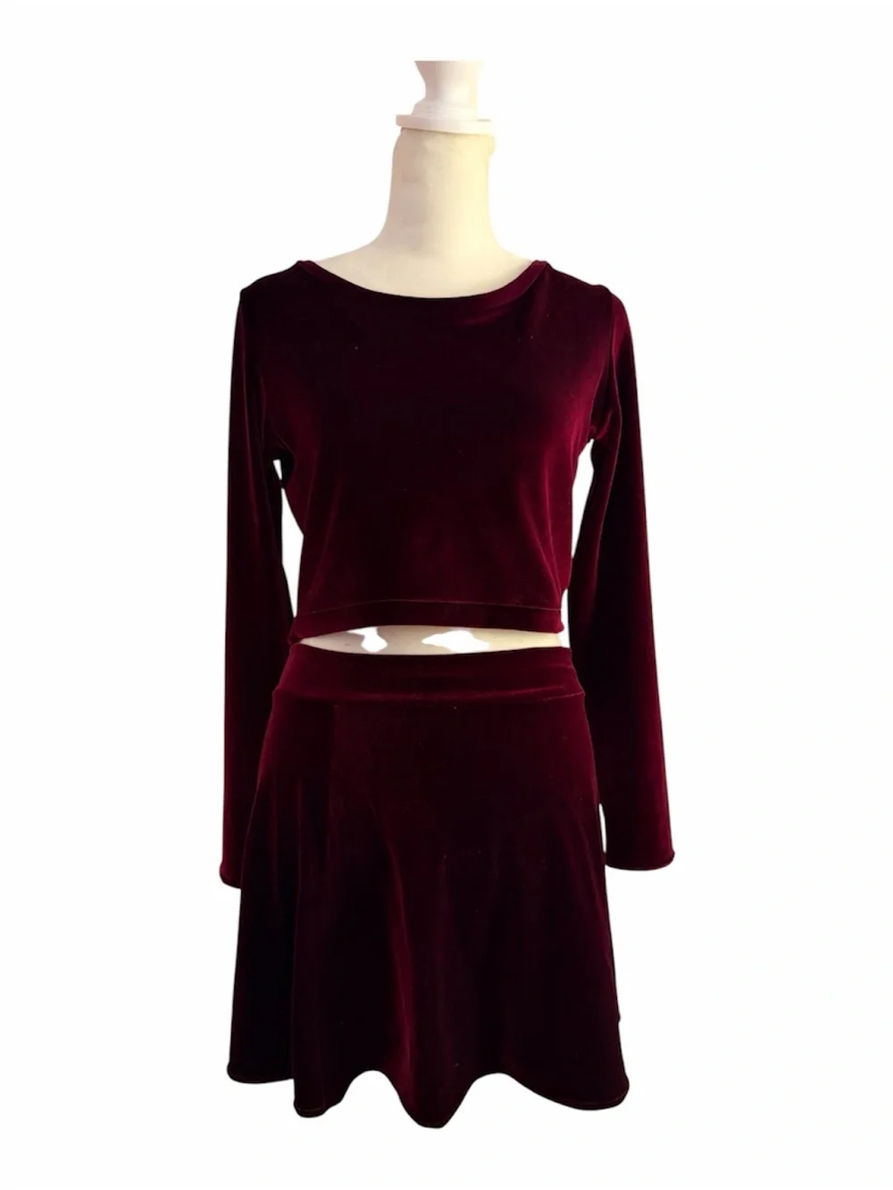 Vintage 90s Burgundy 2 Piece Velvet Long Sleeve Crop and Mini Skater Skirt Set L